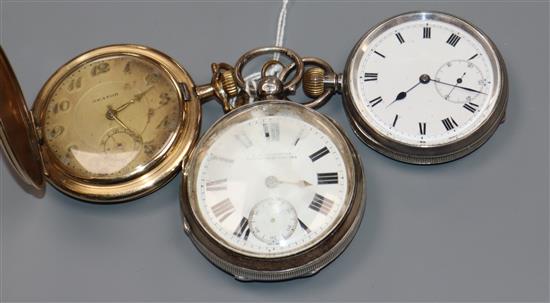 A late Victorian silver pocket watch, one other silver pocket watch and a gold plated pocket watch.